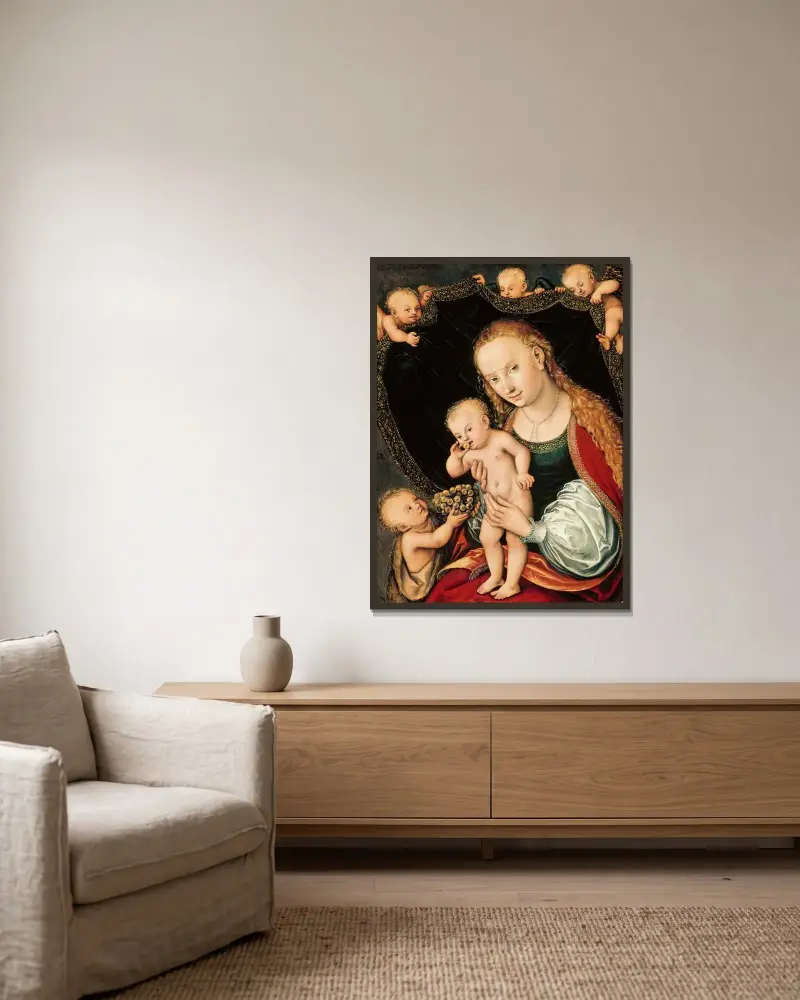 Madonna and Child with the Young St John the Baptist av Lucas Cranach the Elder inramad på en vägg
