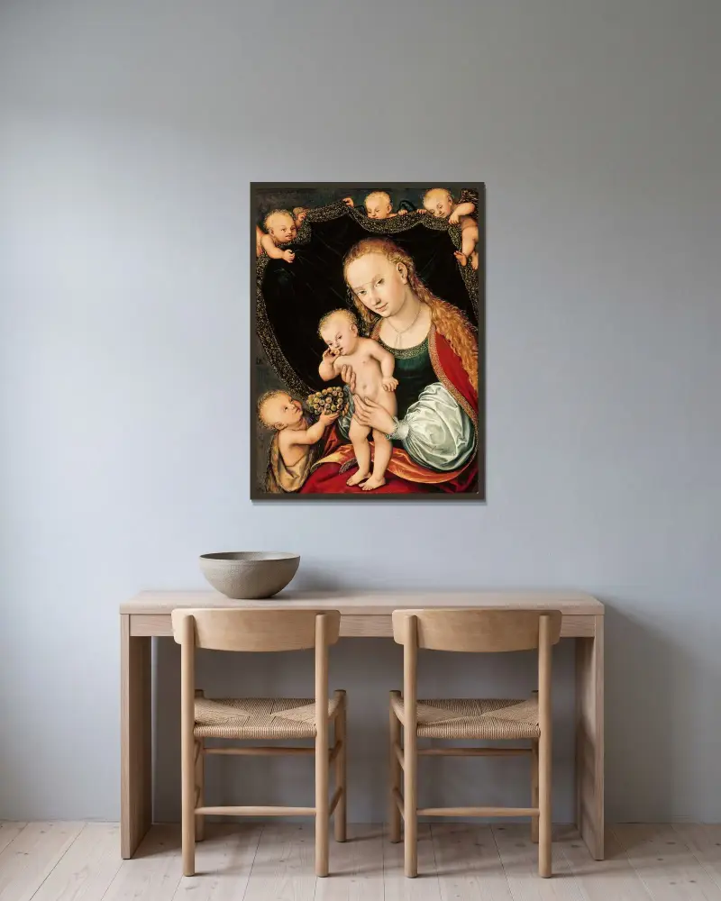 Madonna and Child with the Young St John the Baptist av Lucas Cranach the Elder inramad på en vägg