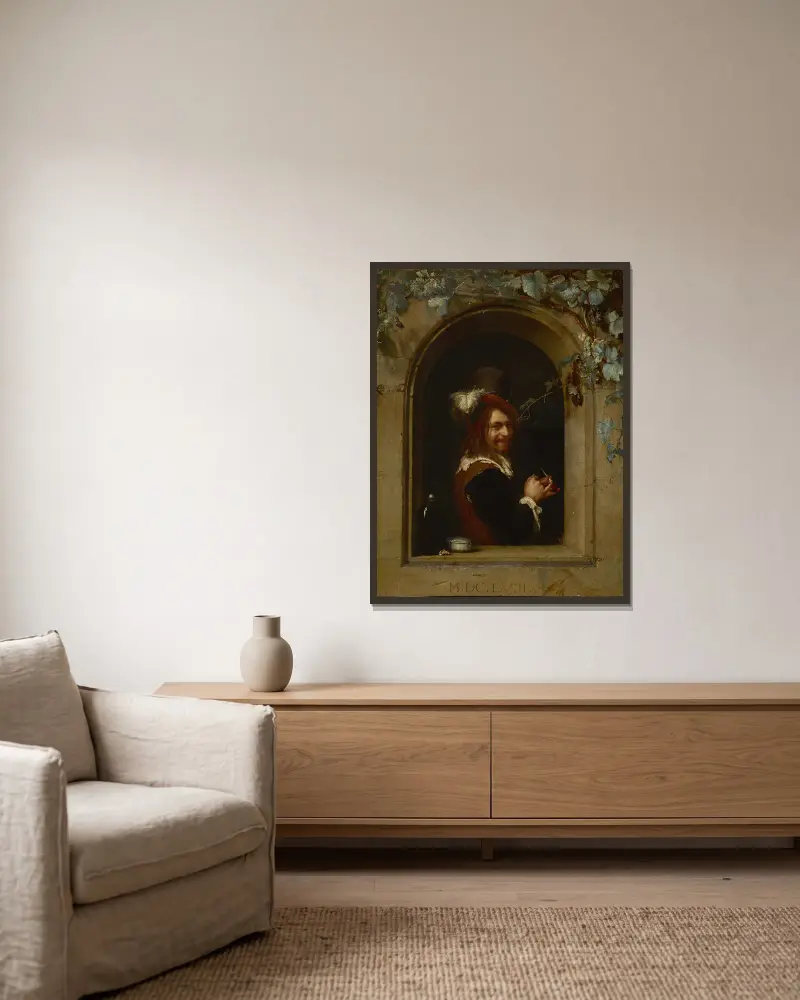 Muž s dýmkou u okna, Frans van Mieris the Elder v rámu na stěně