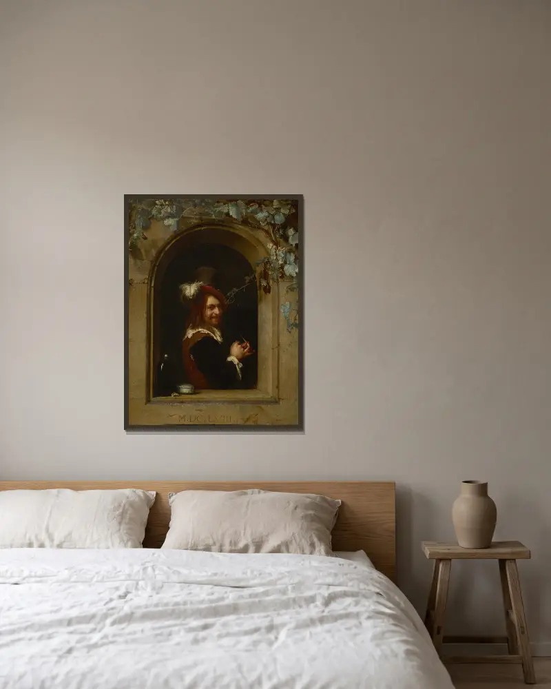 Muž s dýmkou u okna, Frans van Mieris the Elder v rámu na stěně