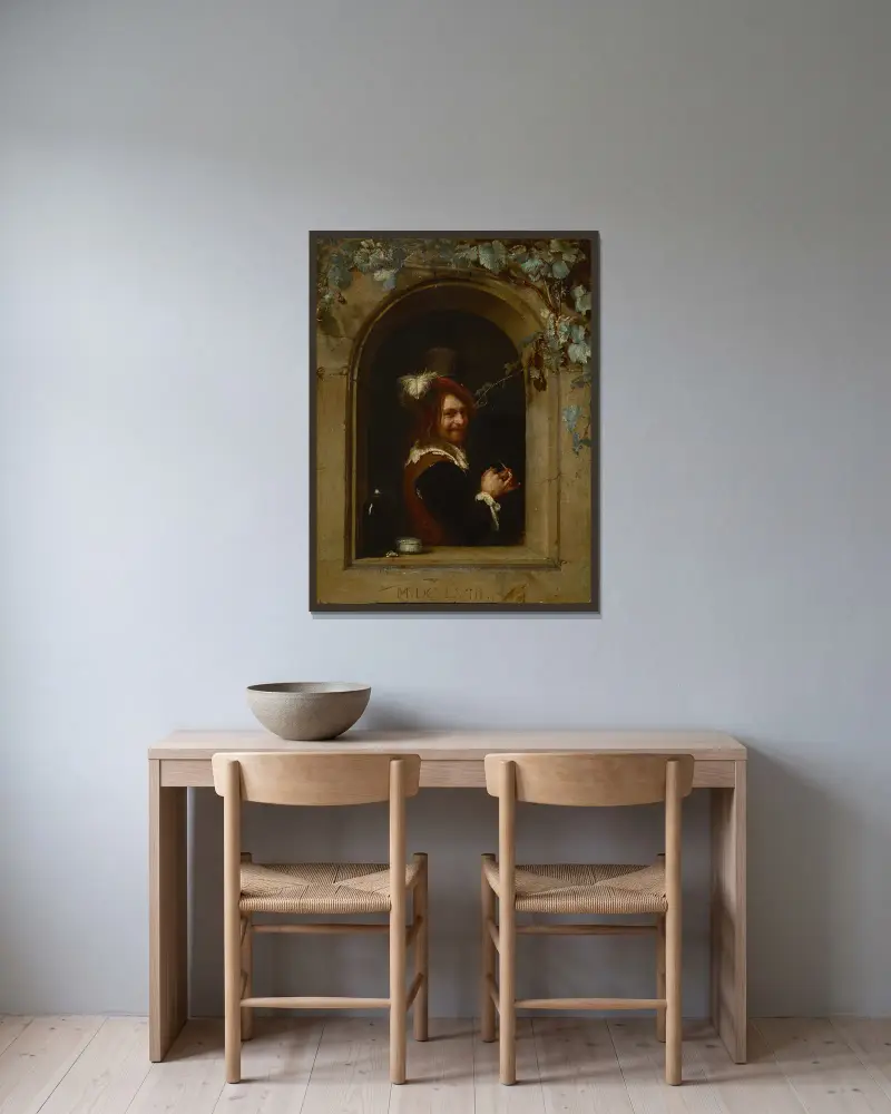 Muž s dýmkou u okna, Frans van Mieris the Elder v rámu na stěně