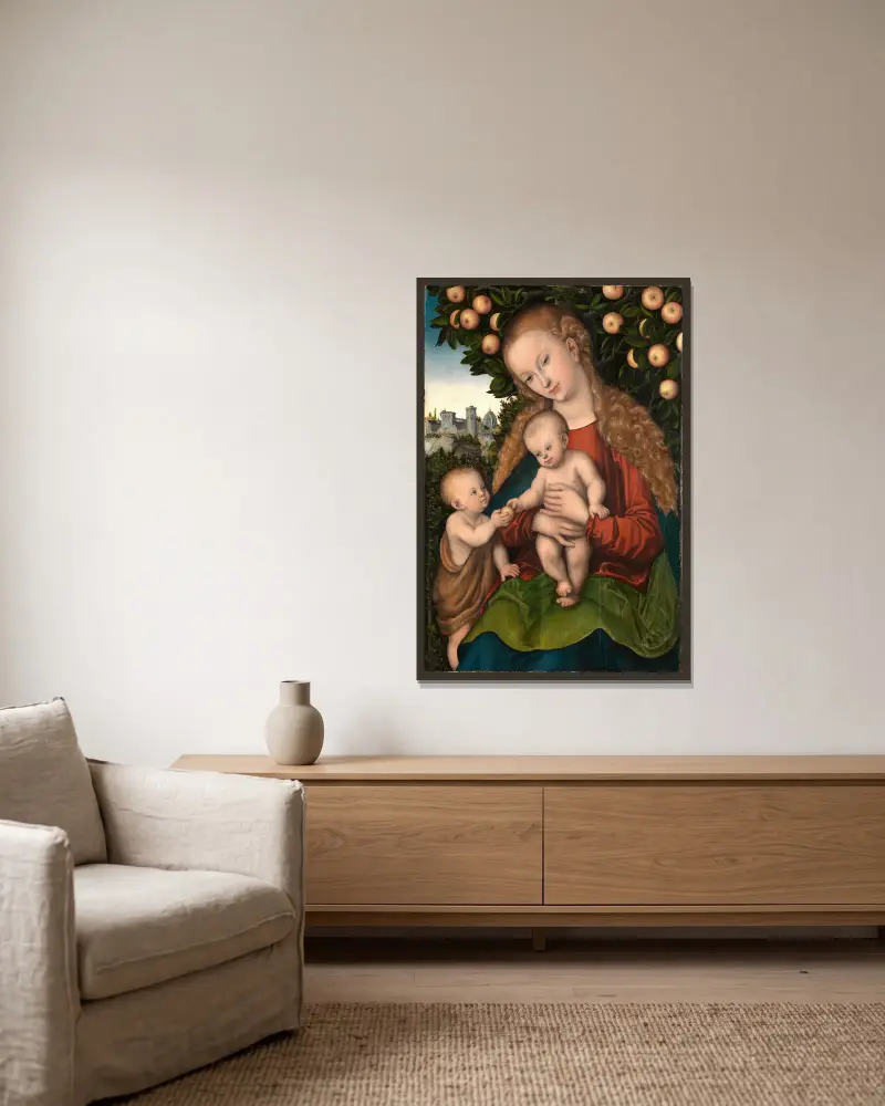 Maria mit dem Kind und dem Johannesknaben unter dem Apfelbaum av Lucas Cranach the Elder inramad på en vägg