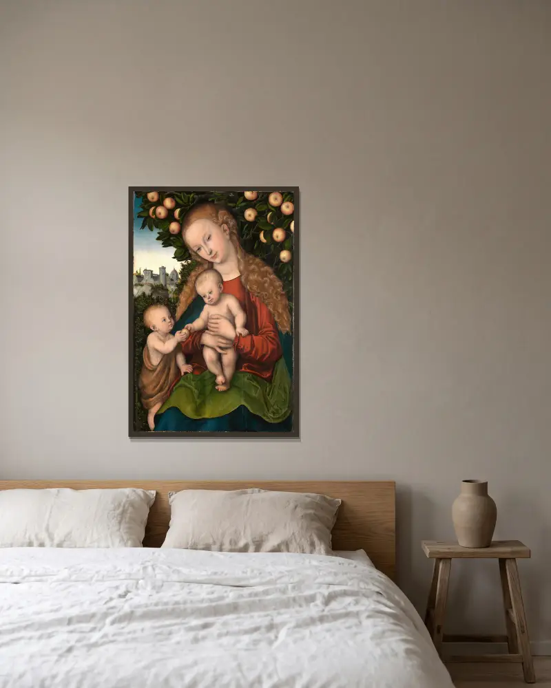 Maria mit dem Kind und dem Johannesknaben unter dem Apfelbaum av Lucas Cranach the Elder inramad på en vägg