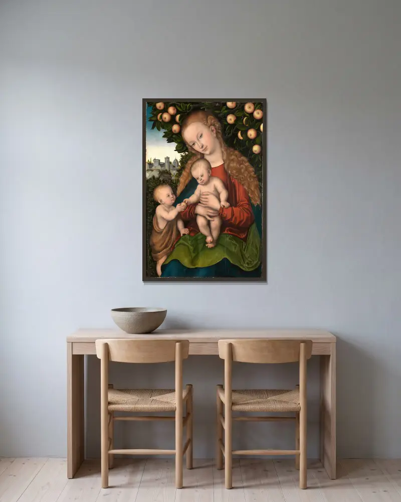 Maria mit dem Kind und dem Johannesknaben unter dem Apfelbaum av Lucas Cranach the Elder inramad på en vägg