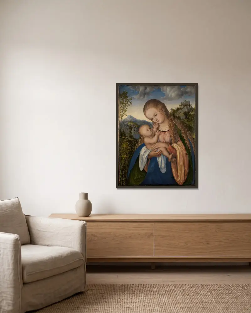 Maria mit dem Kinde von Lucas Cranach the Elder gerahmt an einer Wand