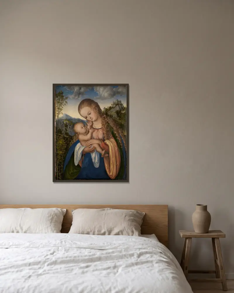 Maria mit dem Kinde von Lucas Cranach the Elder gerahmt an einer Wand
