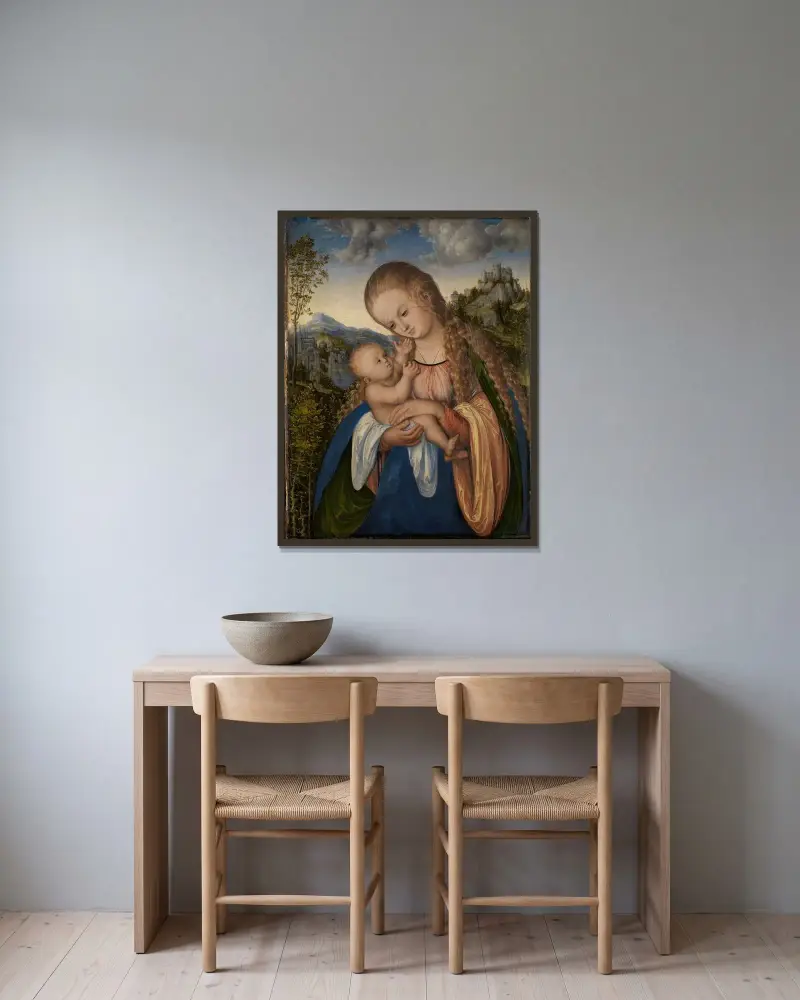 Maria mit dem Kinde von Lucas Cranach the Elder gerahmt an einer Wand