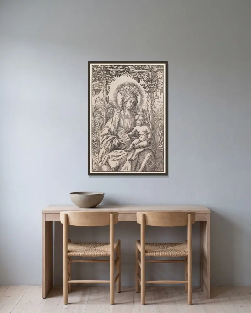 Madonnan med barnet i vingården av Hans Burgkmair The Elder inramad på en vägg