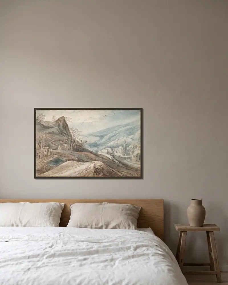 Bergslandskap med by i dalen och utsikt i fjärran av Jan Brueghel The Elder inramad på en vägg