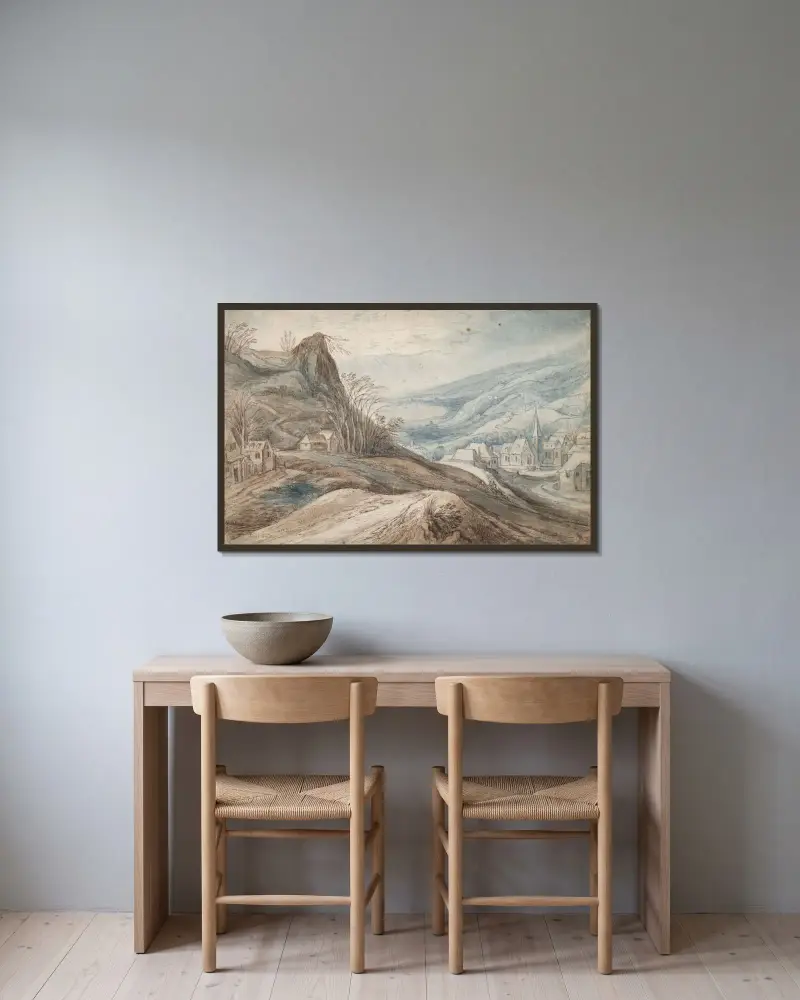 Bergslandskap med by i dalen och utsikt i fjärran av Jan Brueghel The Elder inramad på en vägg