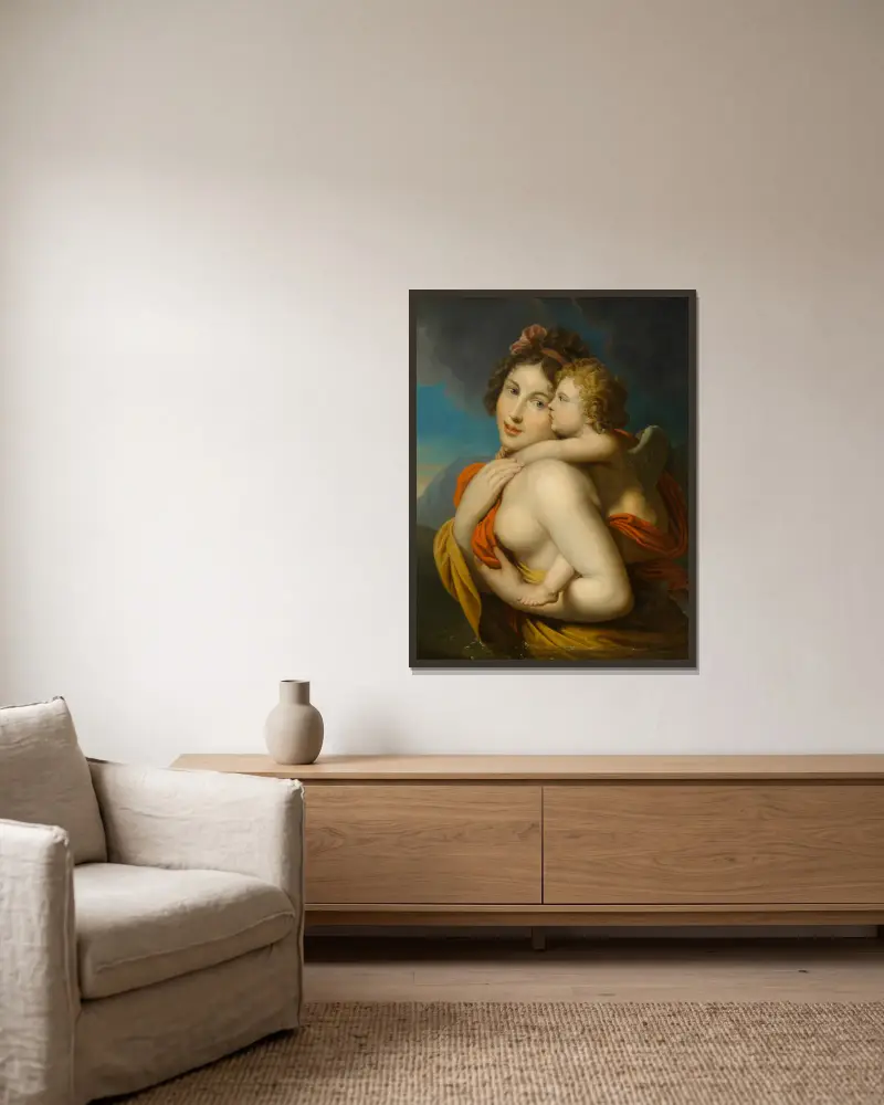Nymphe trägt Amor durch einen Fluss von Johann Baptist von Lampi the Elder gerahmt an einer Wand