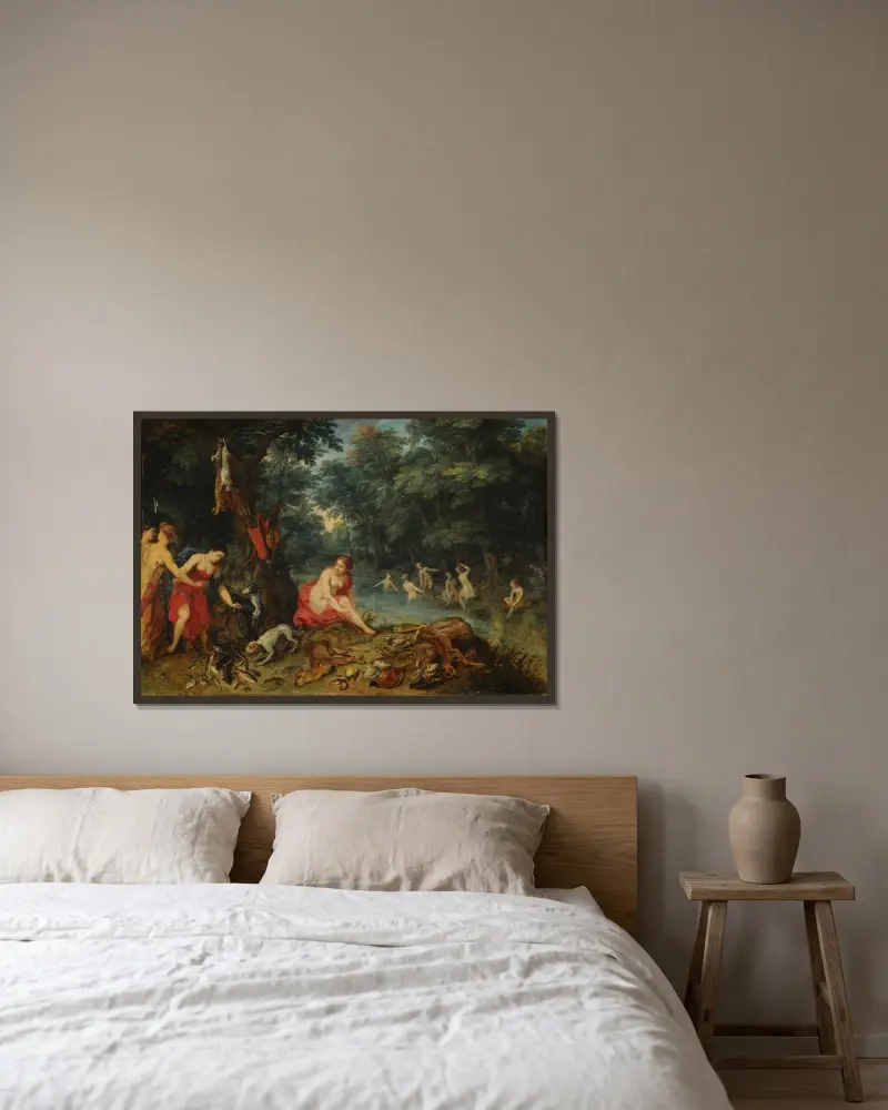 Nymfer som badar av Jan Brueghel The Elder inramad på en vägg