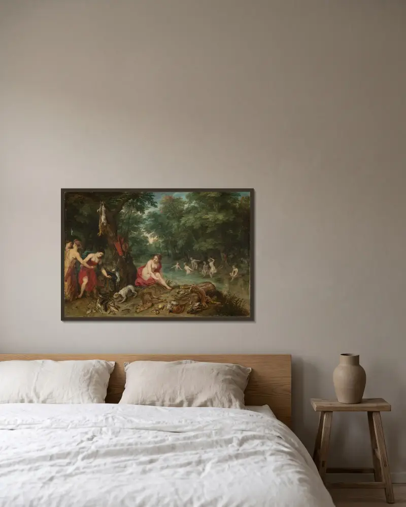 Nymfer badande av Jan Brueghel The Elder inramad på en vägg