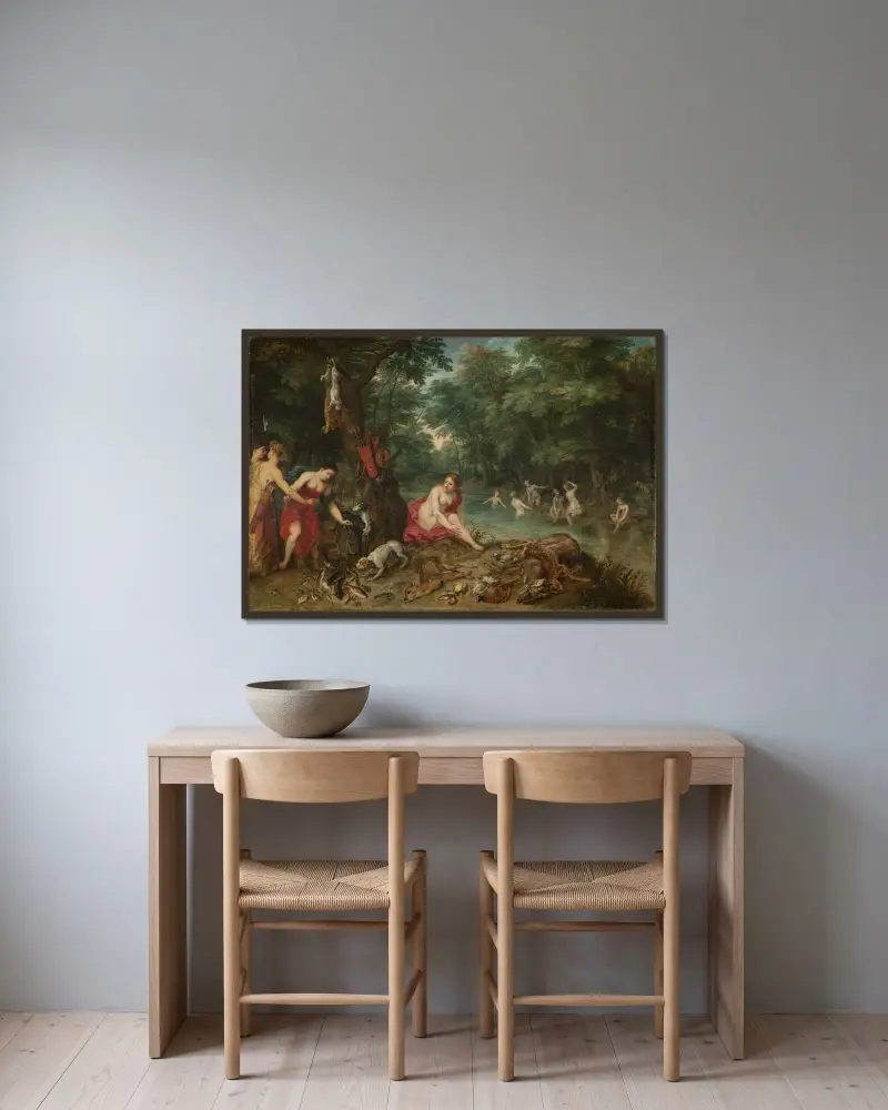 Nymfer badande av Jan Brueghel The Elder inramad på en vägg