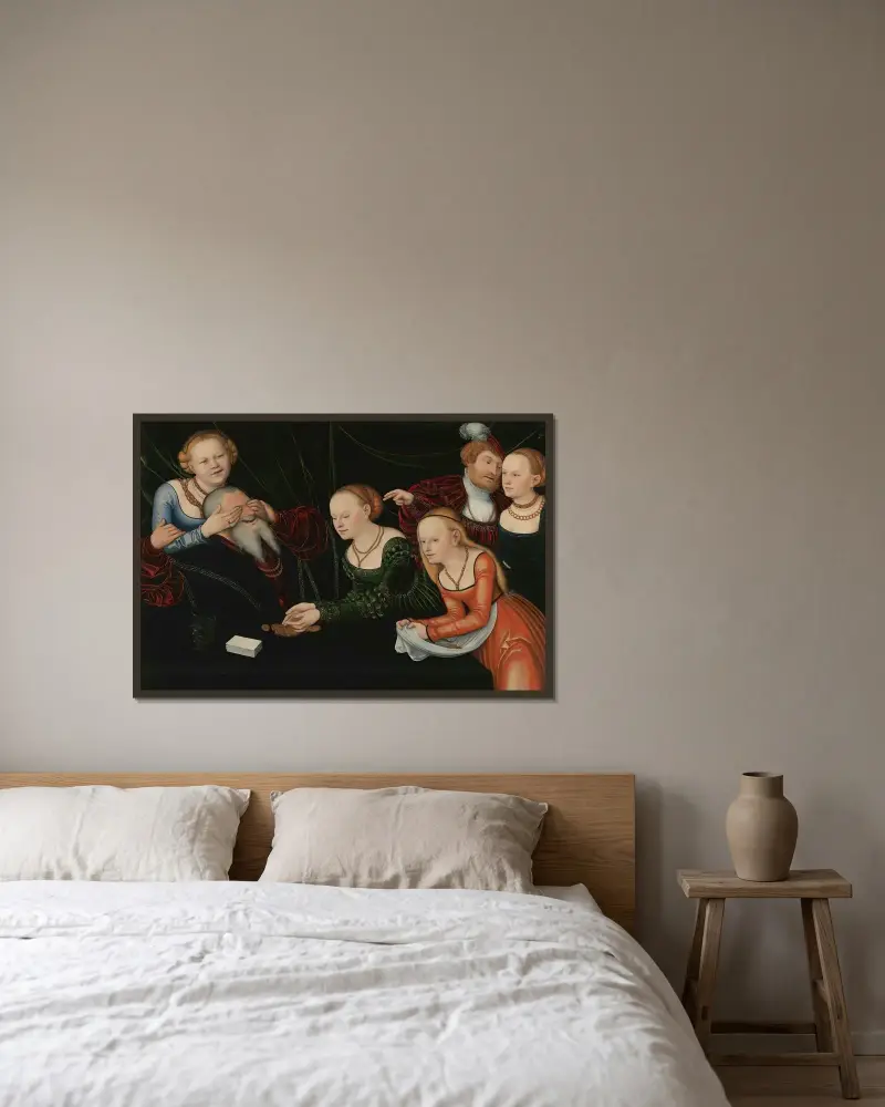 Alter Mann von Kurtisanen betrogen von Lucas Cranach the Elder gerahmt an einer Wand