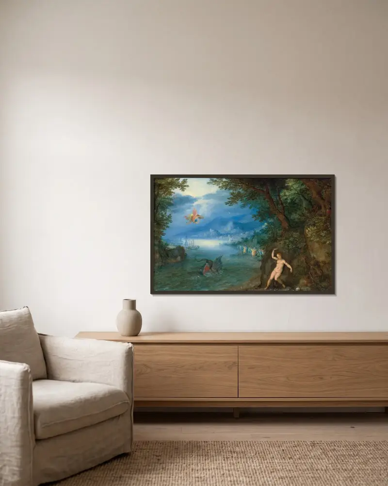 Perseus och Andromeda av Jan Brueghel The Elder inramad på en vägg