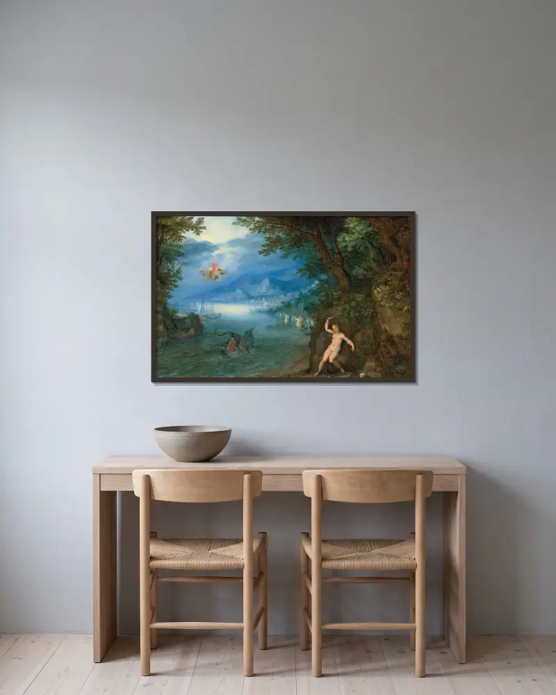 Perseus och Andromeda av Jan Brueghel The Elder inramad på en vägg