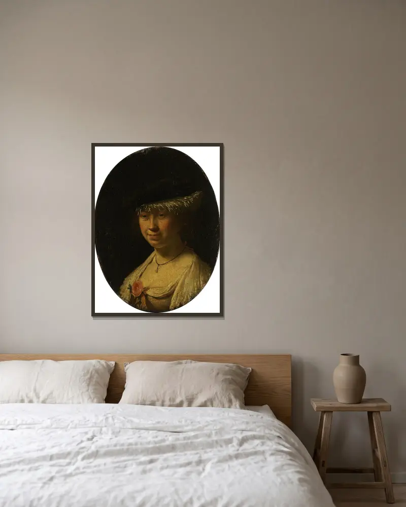 Porträtt av en kvinna med mössa av Frans van Mieris the Elder inramad på en vägg