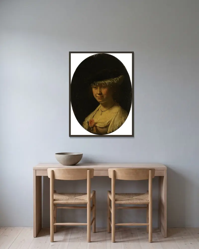 Porträtt av en kvinna med mössa av Frans van Mieris the Elder inramad på en vägg