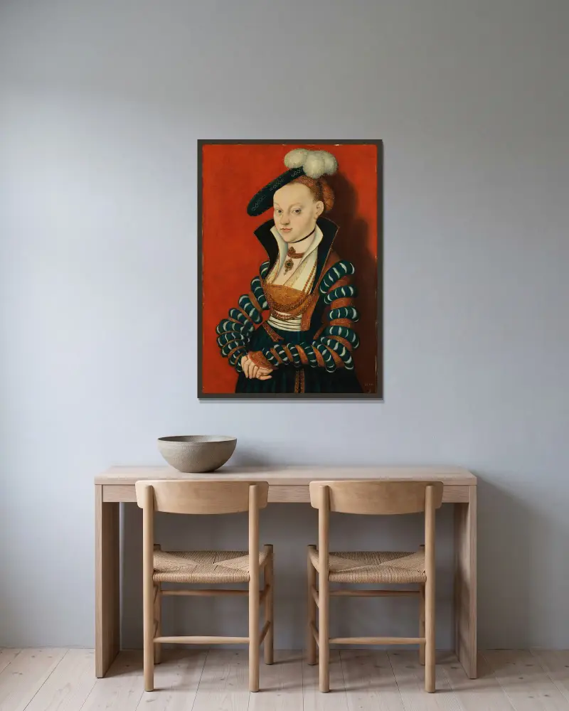 Portrait of Christiane of Eulenau av Lucas Cranach the Elder inramad på en vägg
