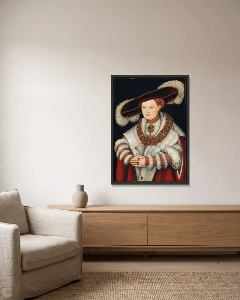 Portrait of Magdalena of Saxony, Wife of Elector Joachim II of Brandenburg av Lucas Cranach the Elder inramad på en vägg