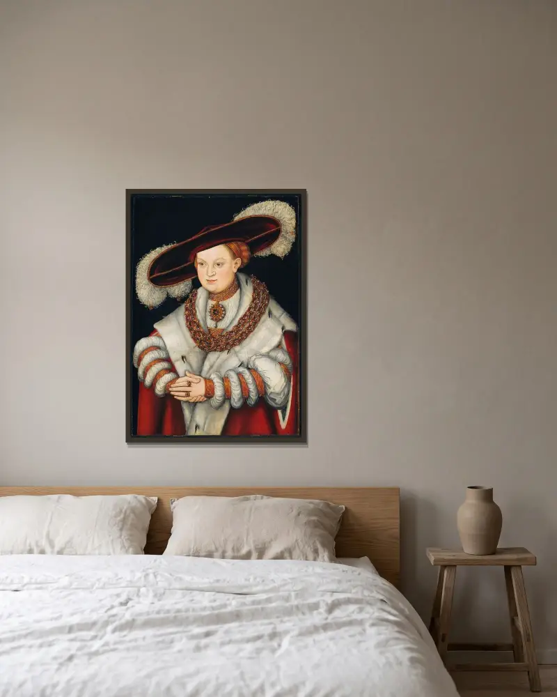 Portrait of Magdalena of Saxony, Wife of Elector Joachim II of Brandenburg av Lucas Cranach the Elder inramad på en vägg