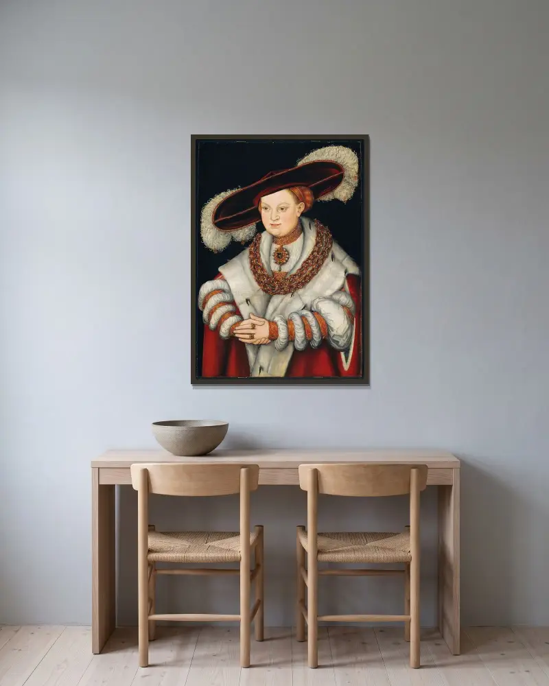 Portrait of Magdalena of Saxony, Wife of Elector Joachim II of Brandenburg av Lucas Cranach the Elder inramad på en vägg