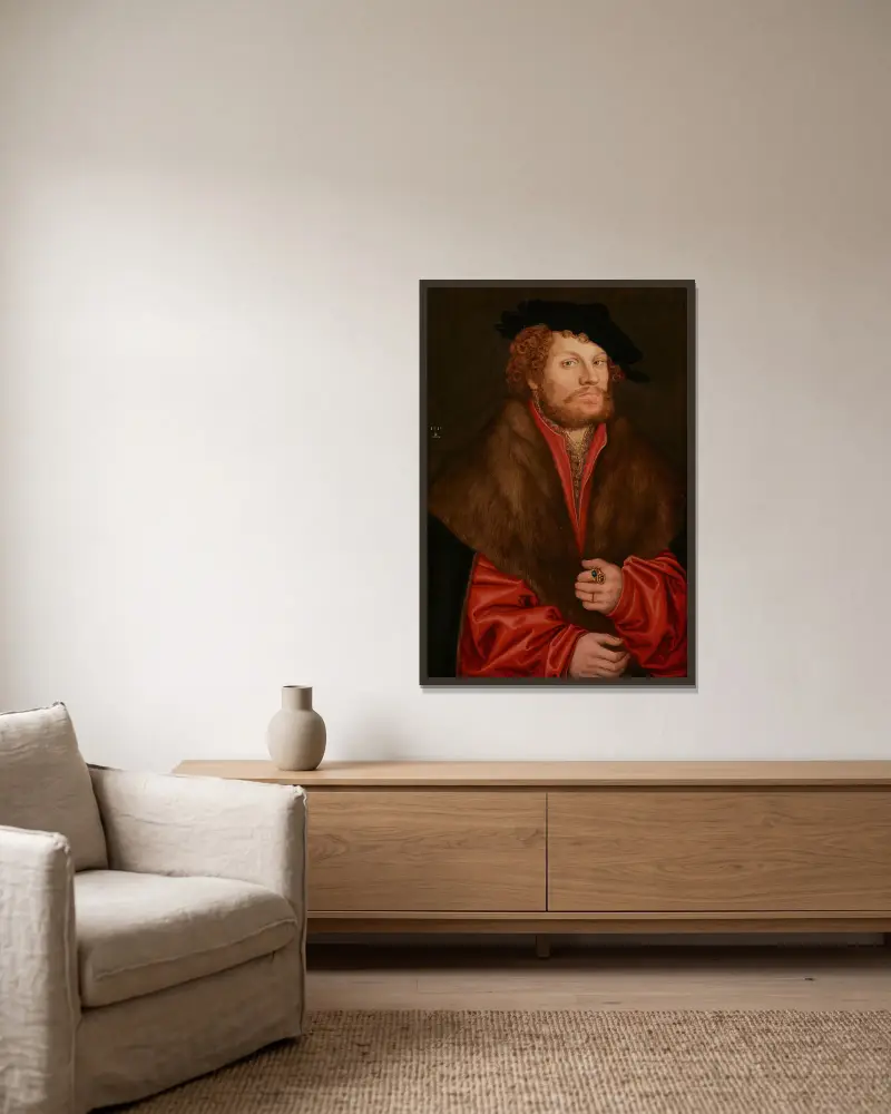 Bildnis des Moritz Buchner von Lucas Cranach the Elder gerahmt an einer Wand