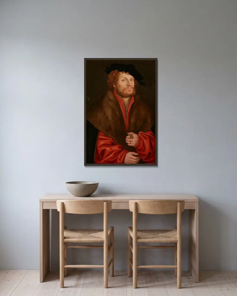 Bildnis des Moritz Buchner von Lucas Cranach the Elder gerahmt an einer Wand