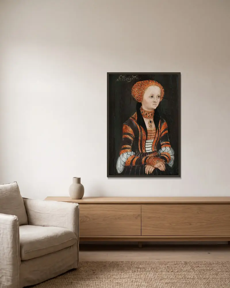 Portrait of St. Bridget of Sweden av Lucas Cranach the Elder inramad på en vägg