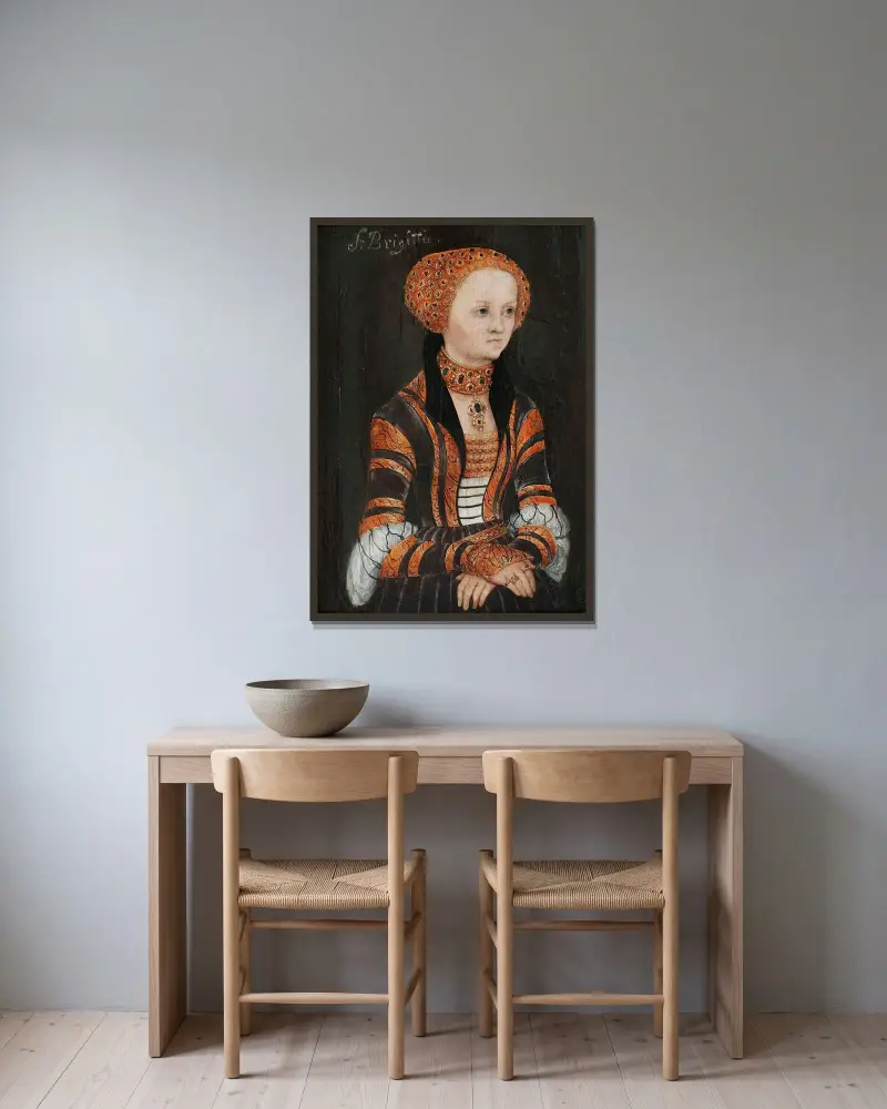 Portrait of St. Bridget of Sweden av Lucas Cranach the Elder inramad på en vägg