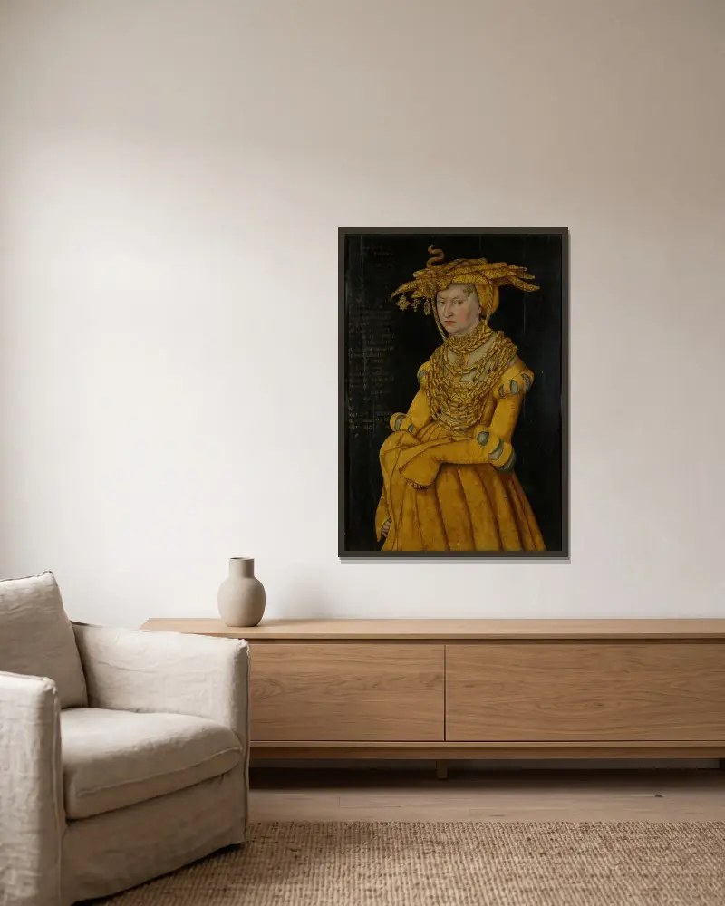 Porträtt av hertiginnan Catherine av Lucas Cranach the Elder inramad på en vägg