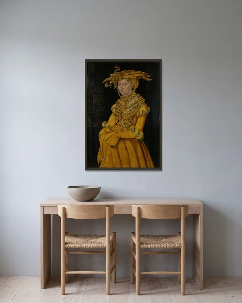 Porträtt av hertiginnan Catherine av Lucas Cranach the Elder inramad på en vägg