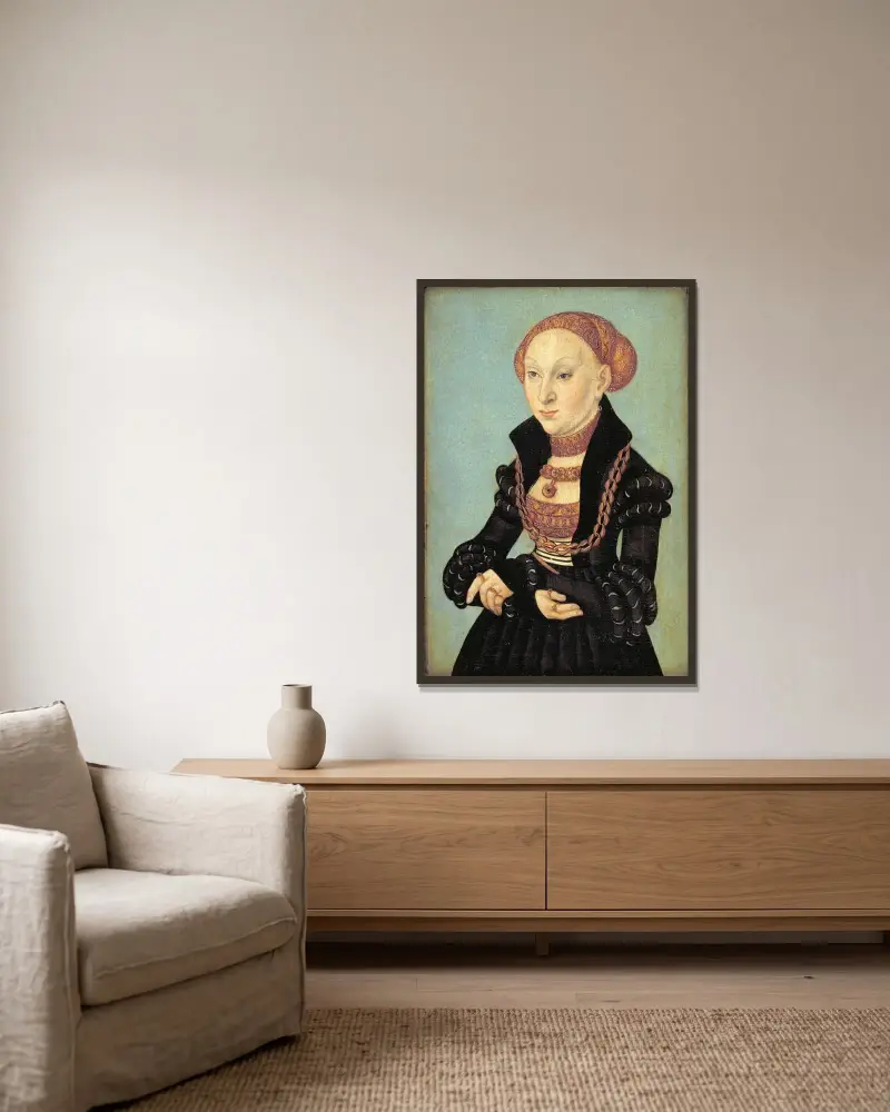 Porträtt av kurfurstinnan Sibylla av Sachsen (1510–1569) av Lucas Cranach the Elder inramad på en vägg