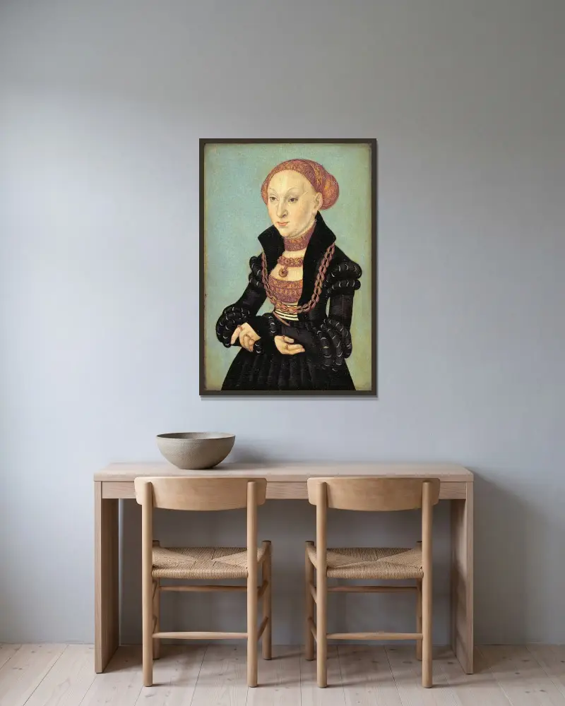 Porträtt av kurfurstinnan Sibylla av Sachsen (1510–1569) av Lucas Cranach the Elder inramad på en vägg