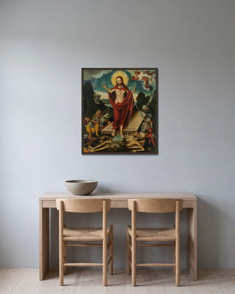 Kristi uppståndelse och triumfen över döden och djävulen av Lucas Cranach the Elder inramad på en vägg