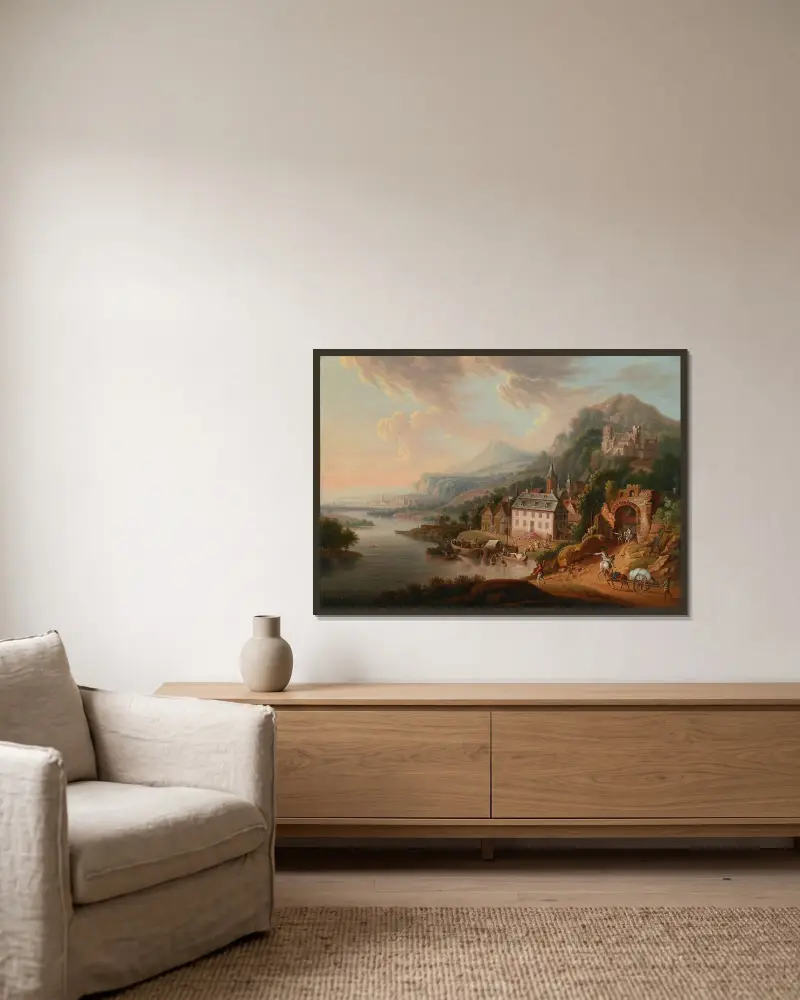 Rhenlandskap av Christian Georg Schütz the elder inramad på en vägg