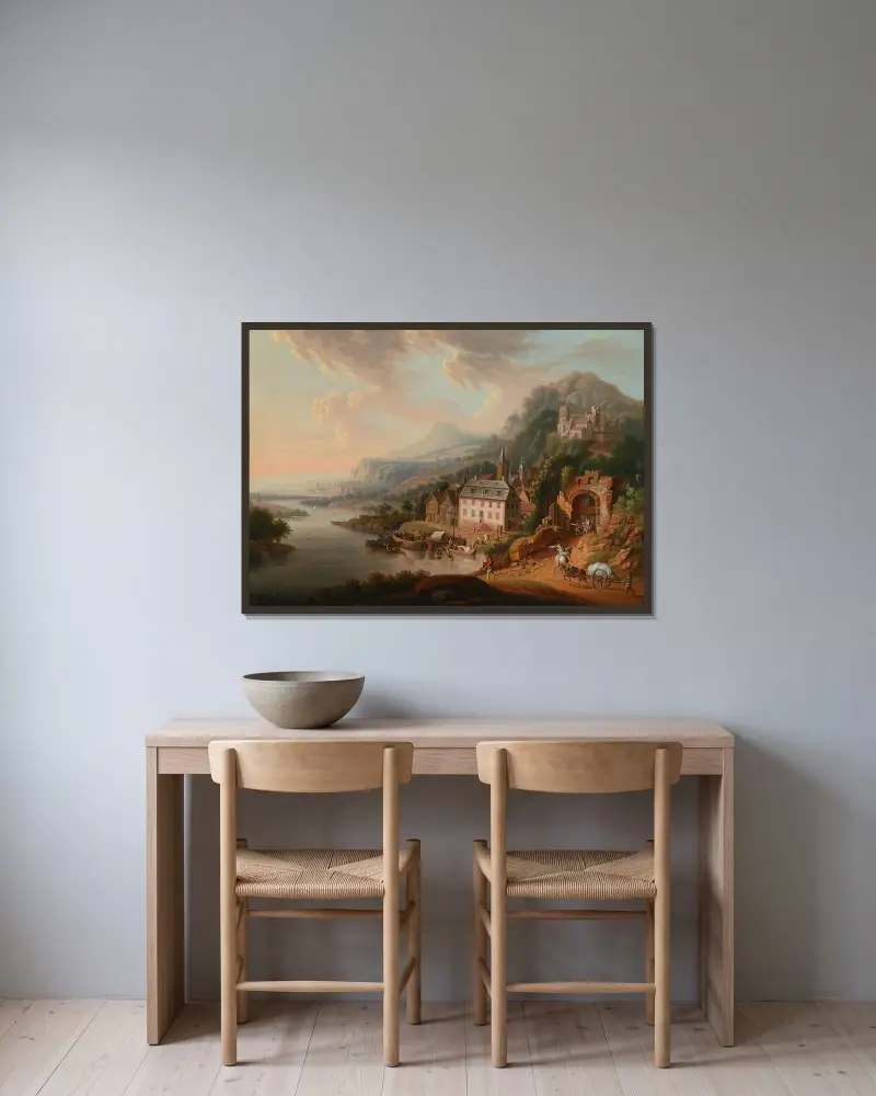 Rhenlandskap av Christian Georg Schütz the elder inramad på en vägg