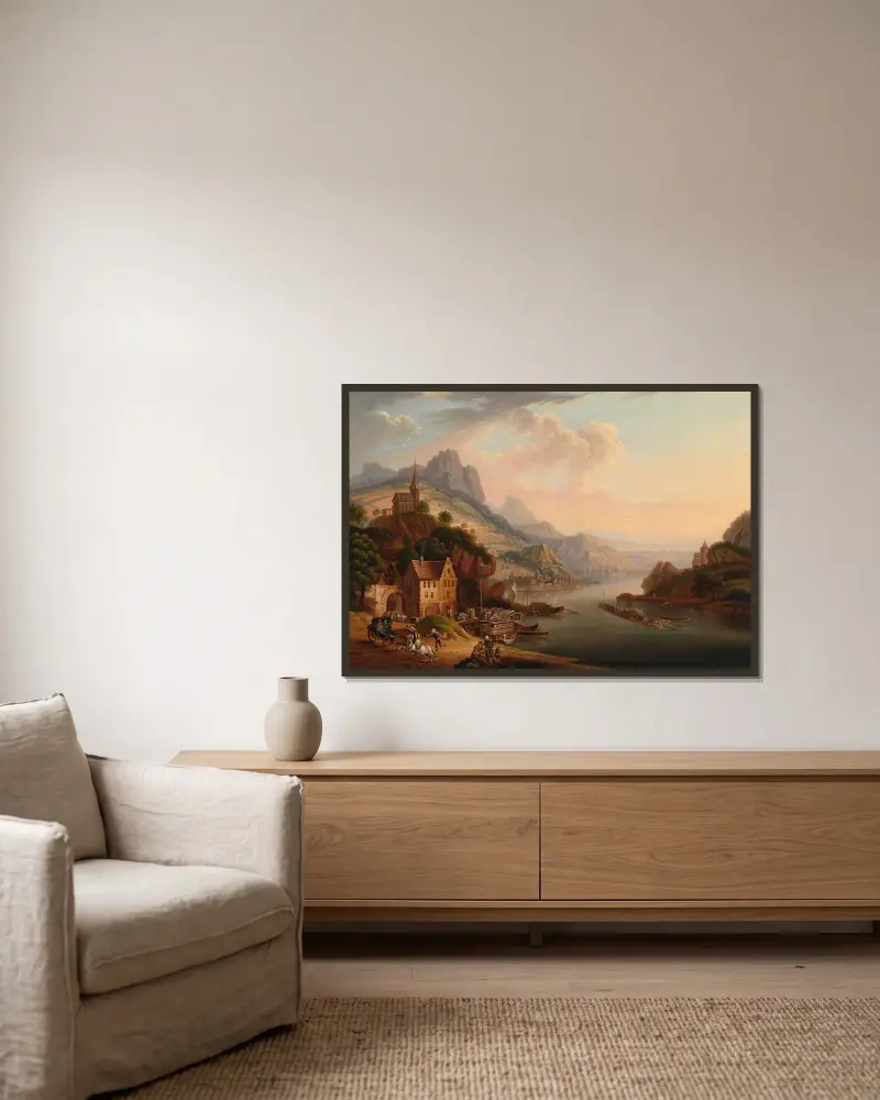 Rhenlandskap av Christian Georg Schütz the elder inramad på en vägg
