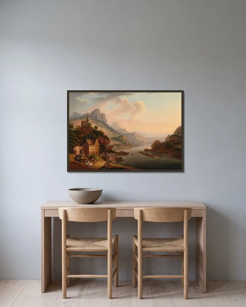 Rhenlandskap av Christian Georg Schütz the elder inramad på en vägg