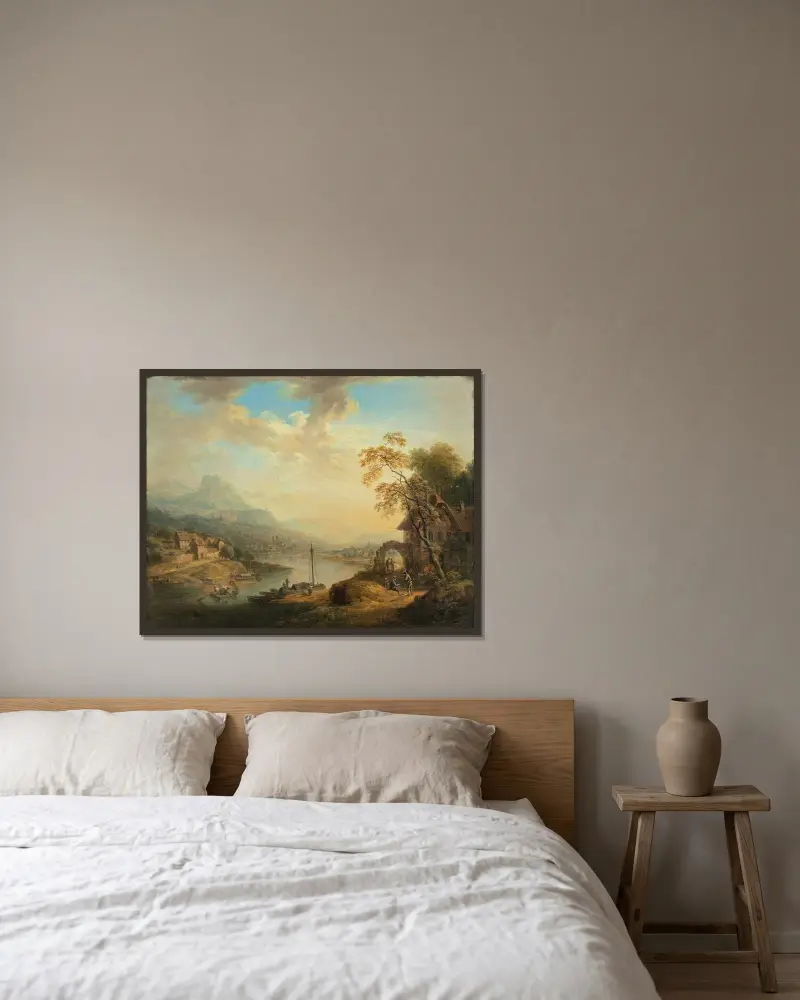 Flodlandskap av Christian Georg Schütz the elder inramad på en vägg