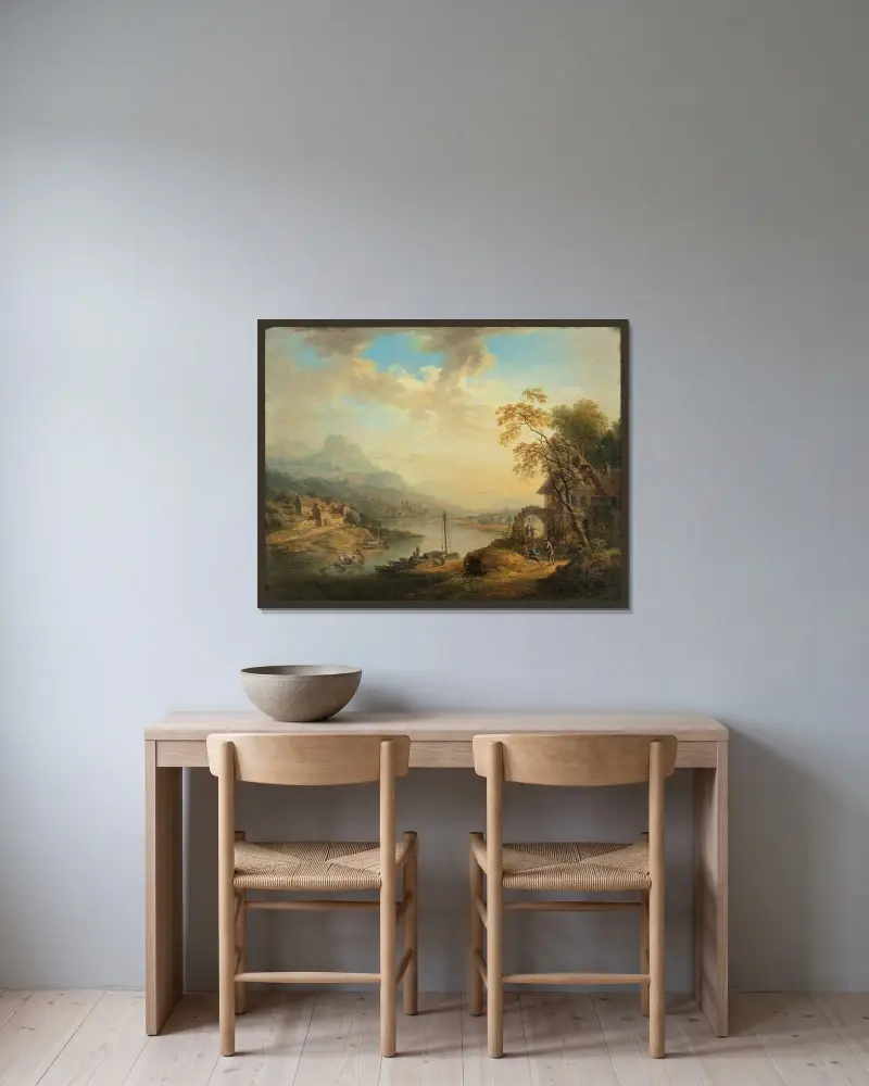 Flodlandskap av Christian Georg Schütz the elder inramad på en vägg