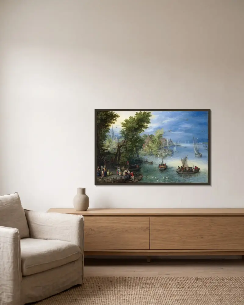 Flodlandskap av Jan Brueghel The Elder inramad på en vägg