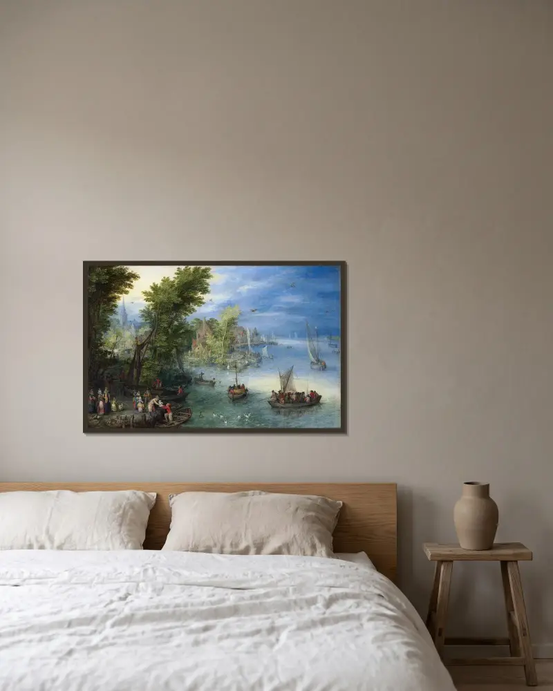 Flodlandskap av Jan Brueghel The Elder inramad på en vägg