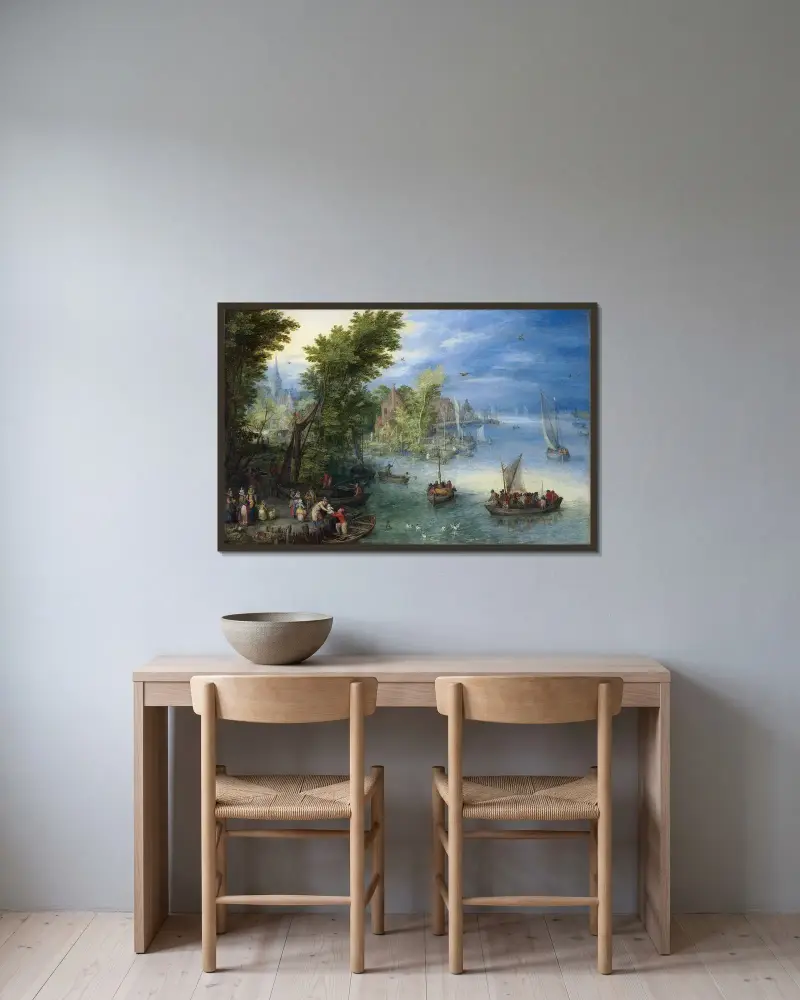 Flodlandskap av Jan Brueghel The Elder inramad på en vägg