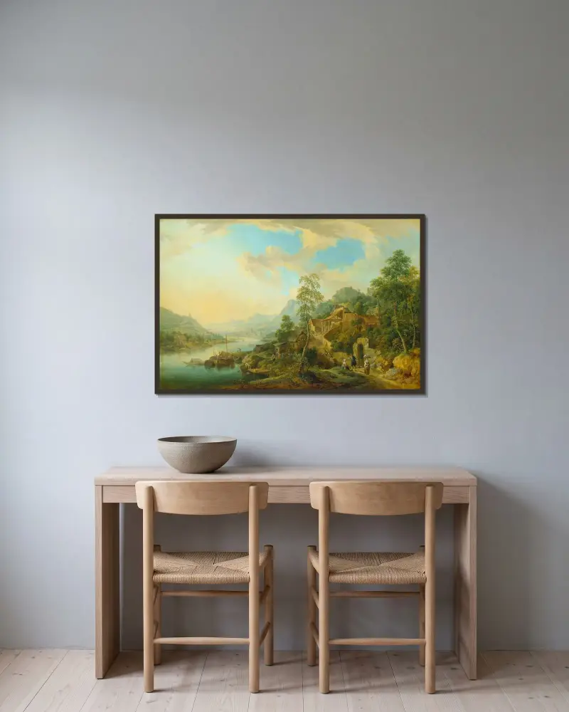 Flodlandskap i morgonljuset av Christian Georg Schütz the elder inramad på en vägg