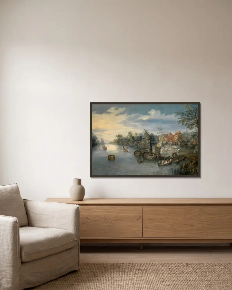 Říční krajina, 1603, Jan Brueghel The Elder v rámu na stěně