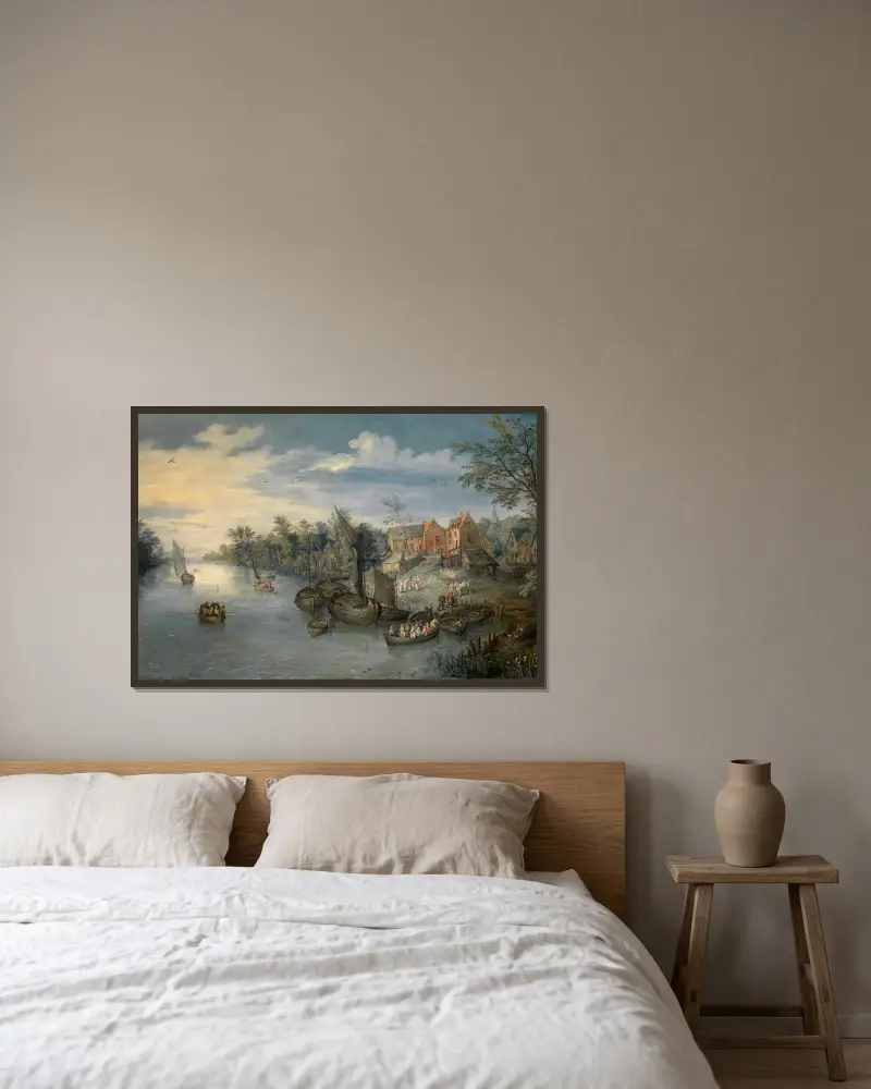 Říční krajina, 1603, Jan Brueghel The Elder v rámu na stěně
