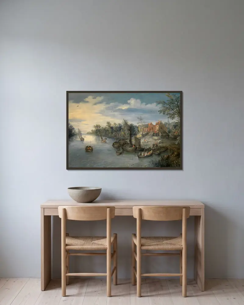 Říční krajina, 1603, Jan Brueghel The Elder v rámu na stěně