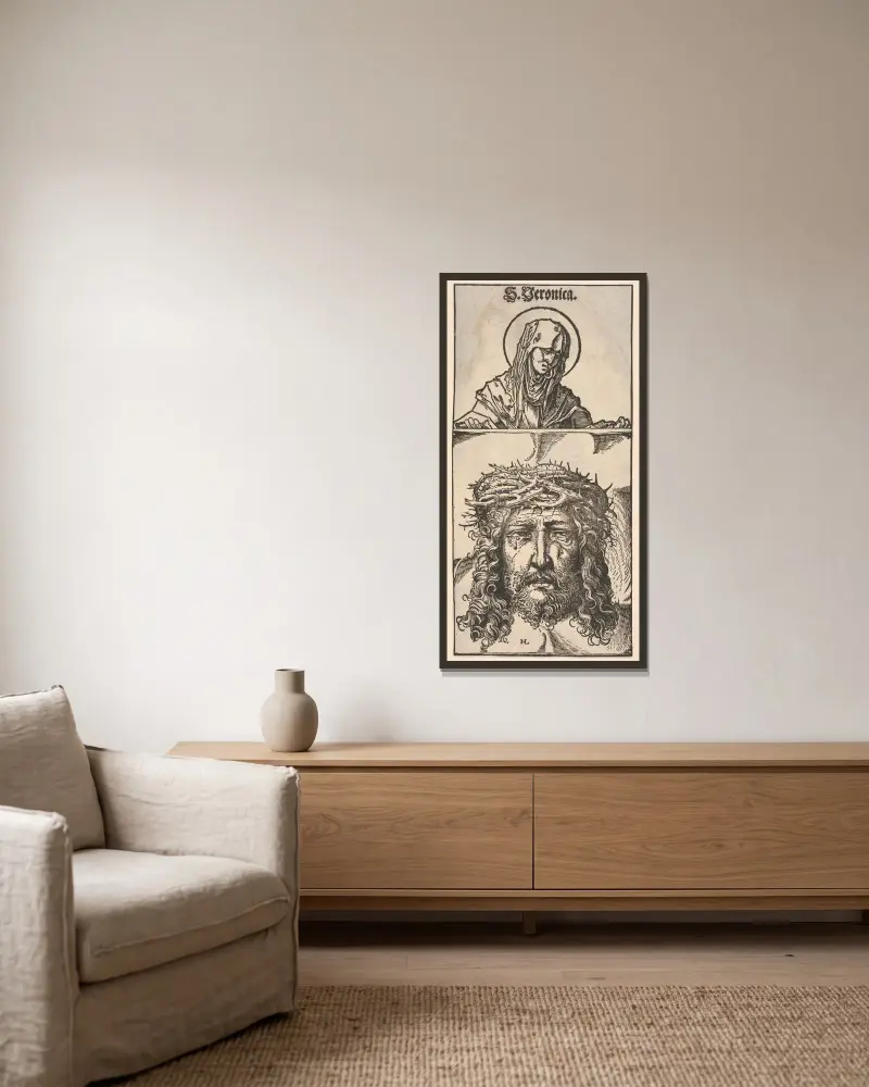 Die heilige Veronika mit dem Schweißtuch von Hans Burgkmair The Elder gerahmt an einer Wand
